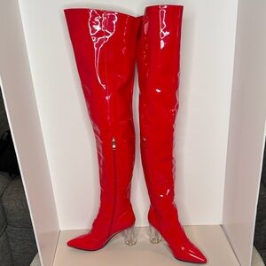 Patent Red Over-the-Knee Boots with Clear Heel